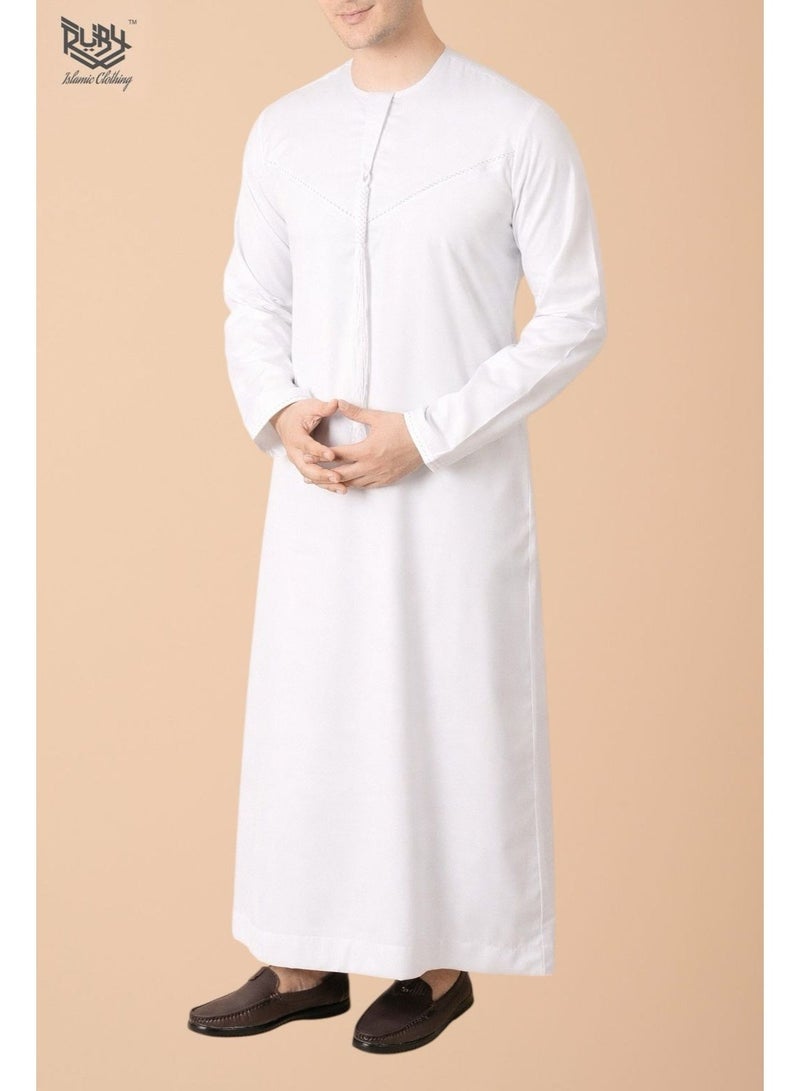 RUBY ISLAMIC CLOTHING Classic White Emirati Thobe kandura for Men with Intricate Embroidery Men's kandura Kaftan Round Neck Long Sleeve Saudi Arabian Muslin Robe - Image 1